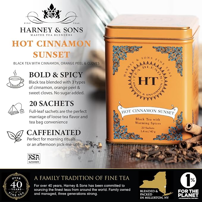 Harney & Sons Caffeinated Hot Cinnamon Sunset Black Tea with Orange and Cloves Tin 20 Sachets (Pack of 1)