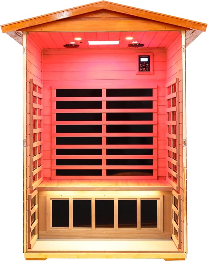 LTCCDSS Full Spectrum Ultra-Low EMF Outdoor Sauna 2-Person, Mahogany Far Infrared Saunas for Home, Near&Mid-IR Light, EMF 0.1-2mG, Bluetooth & Chromotherapy