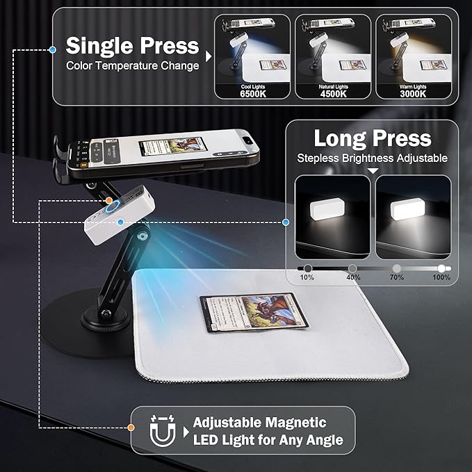 Card Scanner for Trading Cards–MTG & TCG Card Scanner Stand with Magnetic LED Light,Foldable Phone Holder for Scanning,Cards Quickly Scan and Price Check,Available for ManaBox
