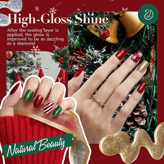 AZUREBEAUTY Nail Polish Set, 4 Colors Christmas Glitter Red Green Gold Silver Quick Dry Natural Fingernail Lacquer Strengthening Treatment Kit with Top Coat DIY Salon at Home