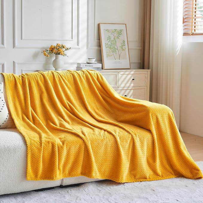 NEWCOSPLAY Fleece Leaves Pattern Throw Blanket, Mustard Yellow, 50"x60" | Super Soft Throw Blanket, Lightweight Cozy Bed Sofa Blanket, Premium Silky Flannel Fleece, Travel Blanket for All Season Use