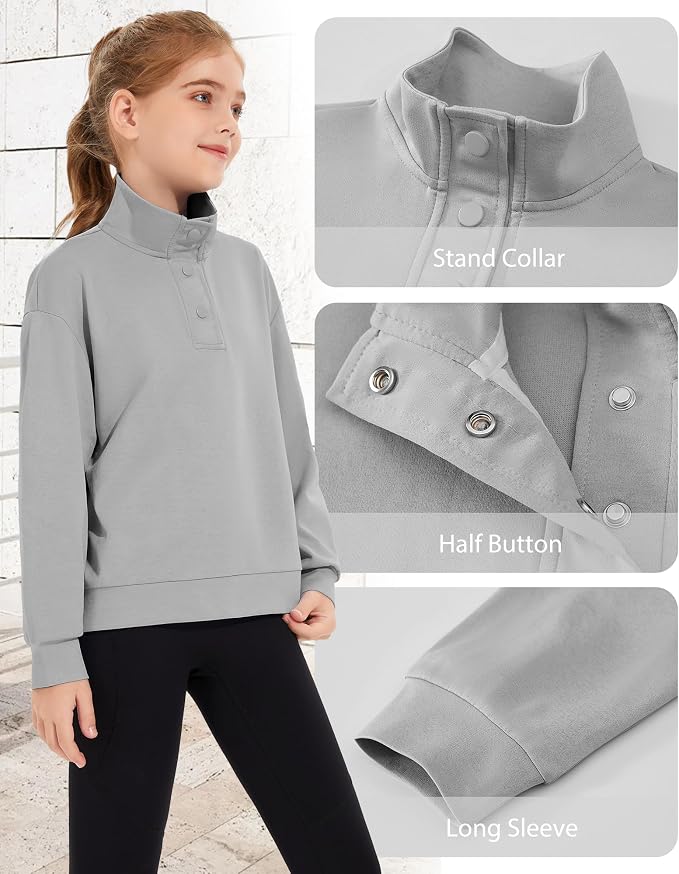 Girls Long Sleeve Collared Shirt Button Down Mock Neck Sweatshirt Athletic Cycling Clothing for Kids 5-14Years