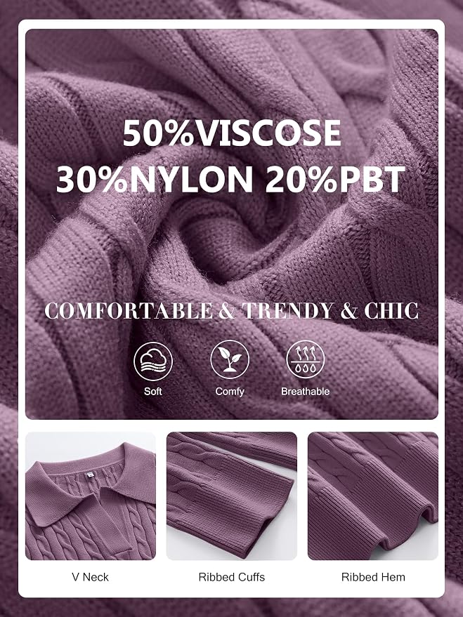 ANRABESS Womens Cable Knit Sweaters Long Sleeve V Neck | Pullover Collared Sweater Tops, Polo Knit Shirts, Business Casual Work, Tennis Golf, Fall Winter Fashion Outfits