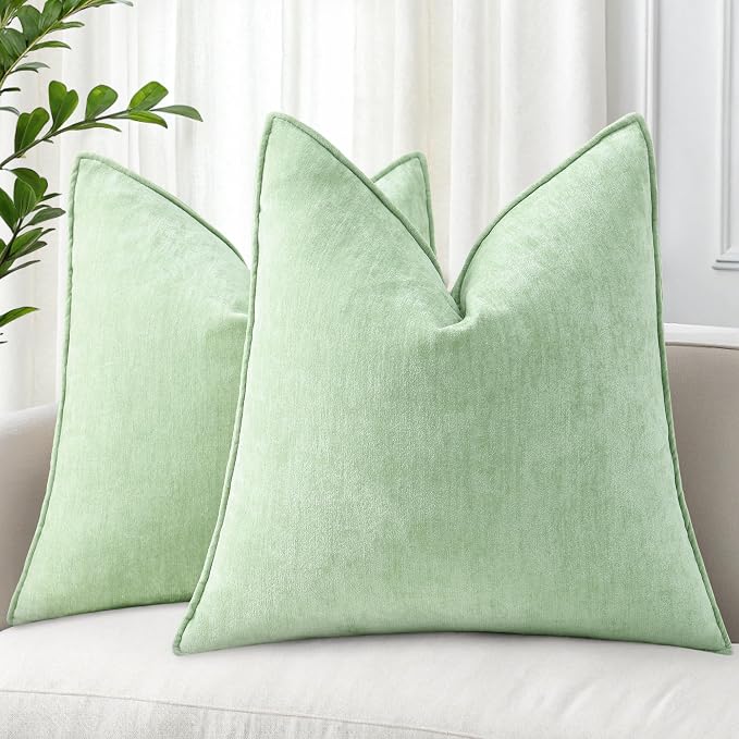 decorUhome Chenille Sage Green Velvet Throw Pillow Covers 24x24 Set of 2 | Fall Soft Euro Sham Couch Decorative Modern Farmhouse Pillow Cases with Elegant Design for Sofa Bed Living Room Home Decor