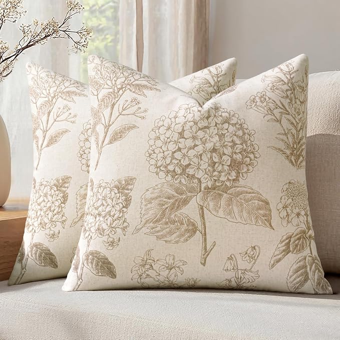 Set of 2 Decorative Floral Pillow Covers 22x22 Inch Tan Beige | Neutral Hydrangea Print, Boho Vintage Throw Cushion Covers, Cottagecore Home Decor, for Sofa Couch Porch Bedroom Living Room