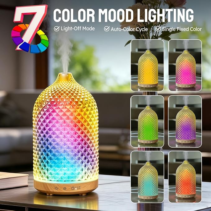Essential Oil Diffuser, 3D Diamond Glass Aromatherapy Diffuser with Ultrasonic Cool Mist, 7 Color LED Lights, 1/2/4H Timer, Quiet Auto Shut-Off Oil Diffuser for Bedroom, Home, Office (Yellow)