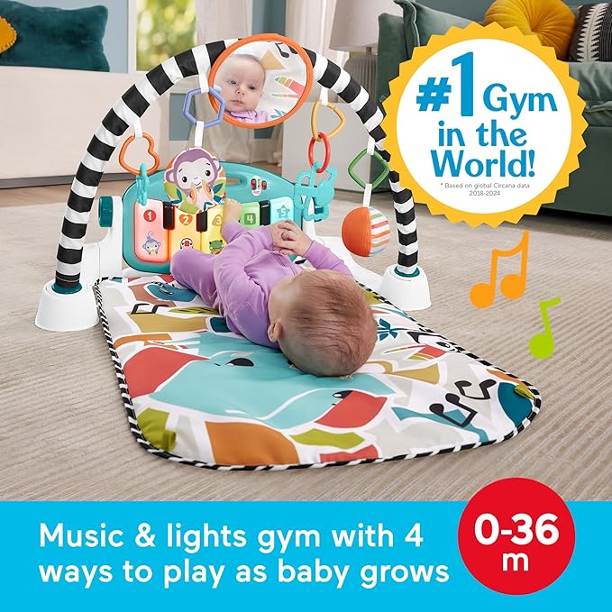 Fisher-Price Baby Activity Mat Glow & Grow Kick & Play Piano Gym, Blue, Musical Learning Toy for Ages 0+ Months, Spanish Version