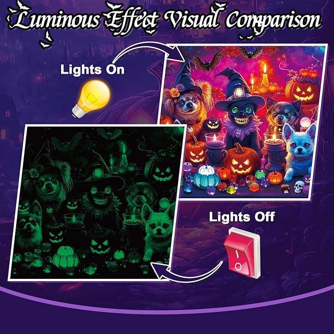 Puzzles 1000 Pieces for Adults,Two Pack Glow in The Dark - Spooky Cat & Dog Party Jigsaw Puzzle, Challenging Animal Theme Gift, 26.77x19.29 Inch