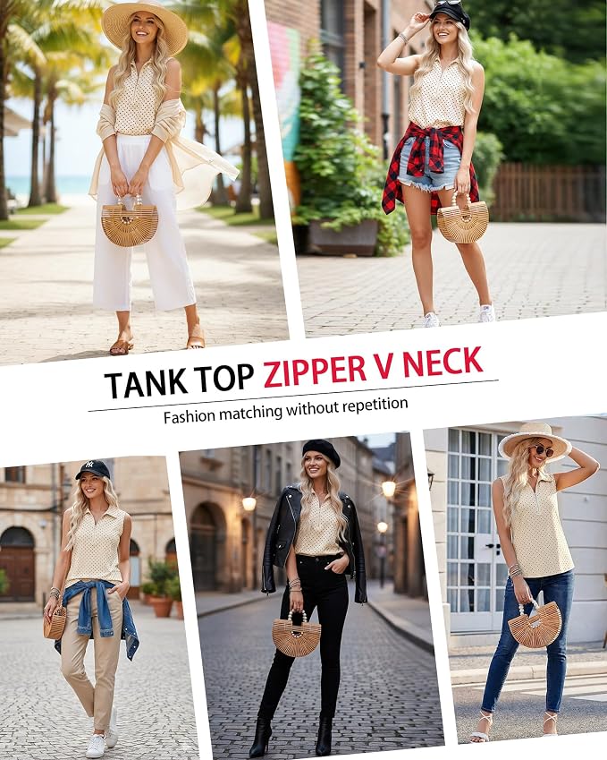Vivilli Womens Ribbed Tank Top Zipper V Neck Dressy Casual Blouses Sleeveless Camisole Tops Work Tank Polo Shirts