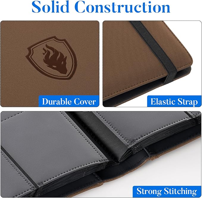 Premium 9 Pocket Card Binder for 540 Cards, Fabmaker PU Cover Trading Card Binder, Sturdy Card Collection Album, Sleek Card Holder Folders for Game Cards & Sports Cards, Brown