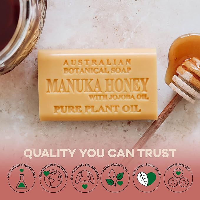 Australian Botanical Soap Manuka Honey with Jojoba Oil – Triple Milled 6.6 oz Bar Soap with Shea Butter, Face Hand & Body Soap Bars, Pack of 4