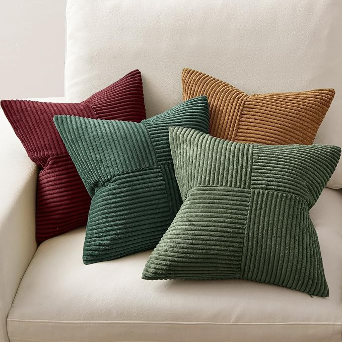 MIULEE Boho Christmas Green Decorative Throw Pillow Covers 18x18 Set of 4 Farmhouse Cushion Covers Color-Clash Corduroy Pillow Cases Modern Soft Corduroy Patchwork Home Decor for Couch Sofa Bedroom