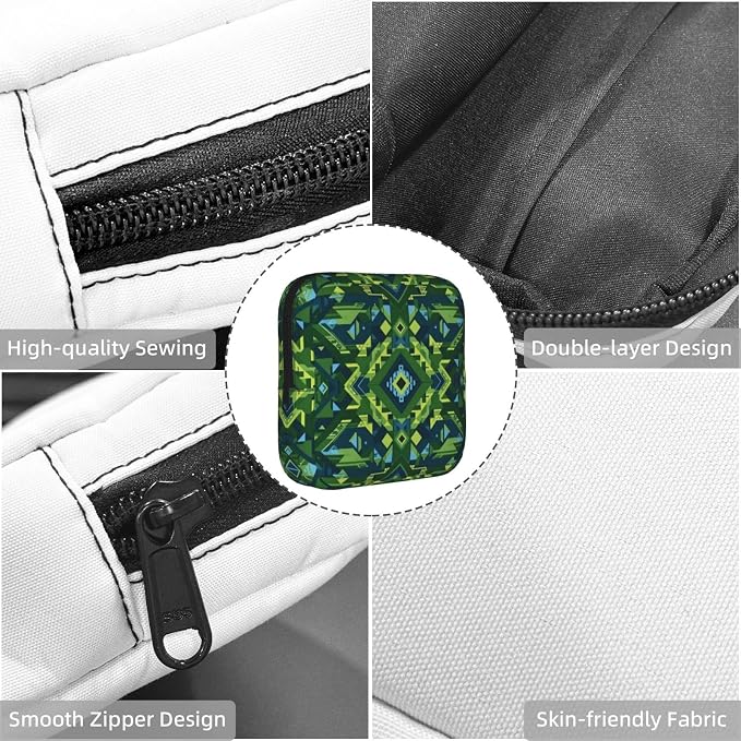 Compact Portable Period Bag Green Native American Tribal Ethnic Western Horse, Polyester Sanitary Napkin Organizer with Zipper, Great Gift for Women Daily Outdoor