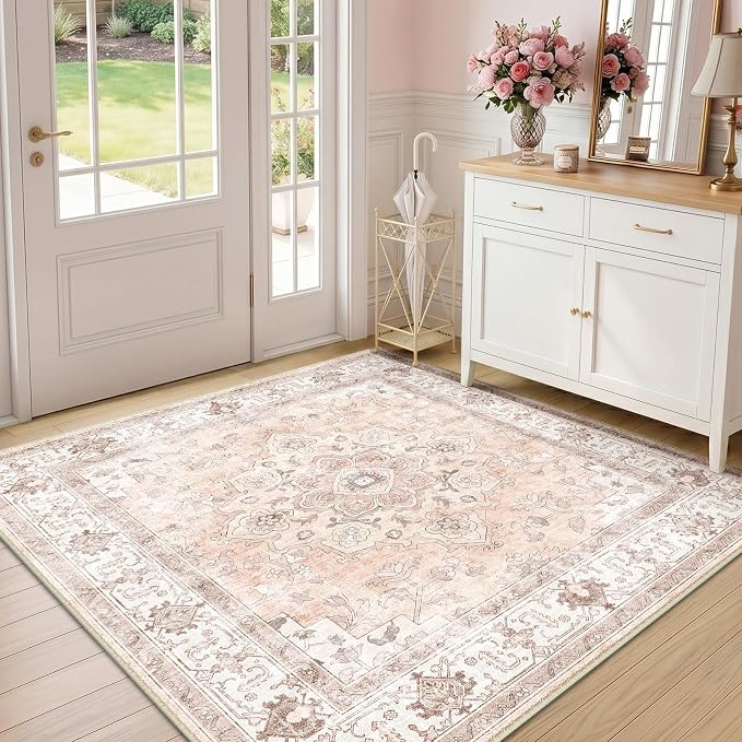 CAPALOCA Square 5ft Washable Nursery Girls Low Pile Area Rug Pink | Non-Slip Soft Rugs for Bedroom Kids Playroom Living Room, Print Pattern Water Repellent Carpet Indoor Decor