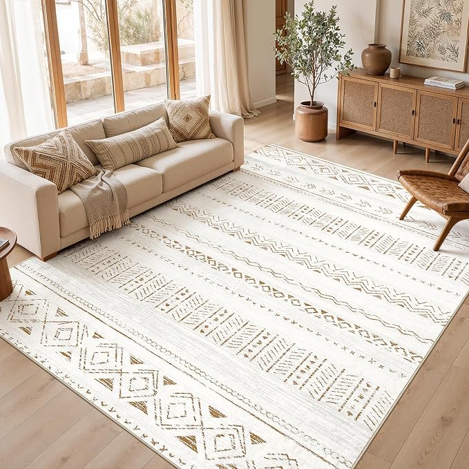 cotiled 10x14 Area Rugs Living Room Rug: Washable Boho Rugs with Non Slip Backing Large Soft Indoor Stain Resistant Carpet for Bedroom Farmhouse Dining Room Lightweight Home Decor L Brown/Cream