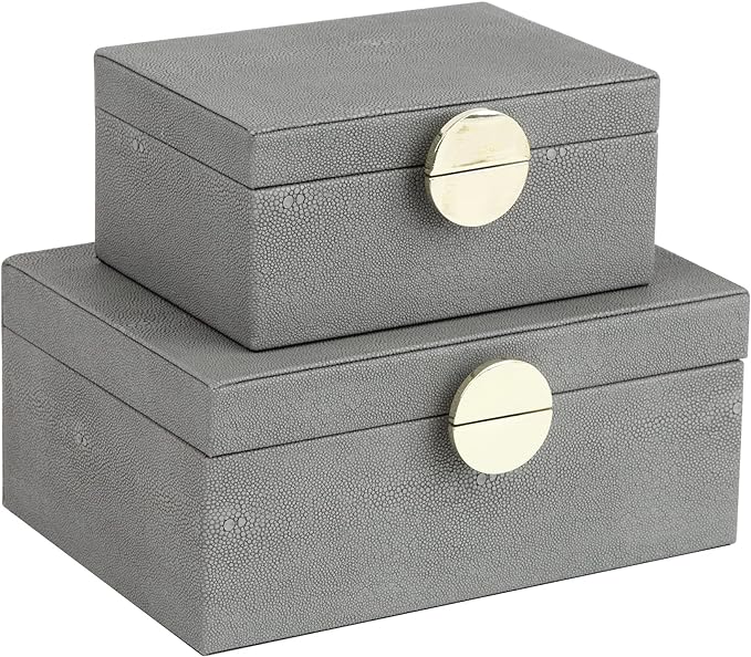 HofferRuffer Faux Leather Jewelry Boxes, Decorative Boxes Storage Accessory Organizer with Gold Hardware Decor, Classic Vegan Leather Set of 2 Pieces (Dark Grey)