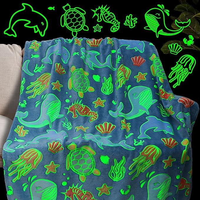 Glow in The Dark Ocean Blanket, Luminous Sea Theme Throw Blanket, Glowing Ocean Pattern Fleece Throw, Soft Cozy Lightweight Plush Blanket for Kids Teens Adults, Easter Gifts Bedroom Couch Decor Gifts
