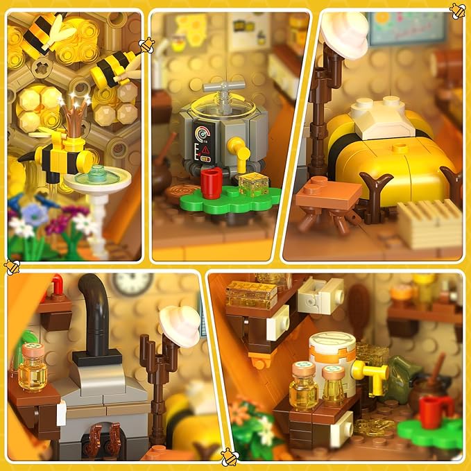 INSOON Farm Bee House Building Set with Lights, 1773PCS Honey Cabin Building Block Kit with Flowers Botanical Animals, Treehouse Construction Model Home Decor, Easter Gift for Adults Boys Girls 12+