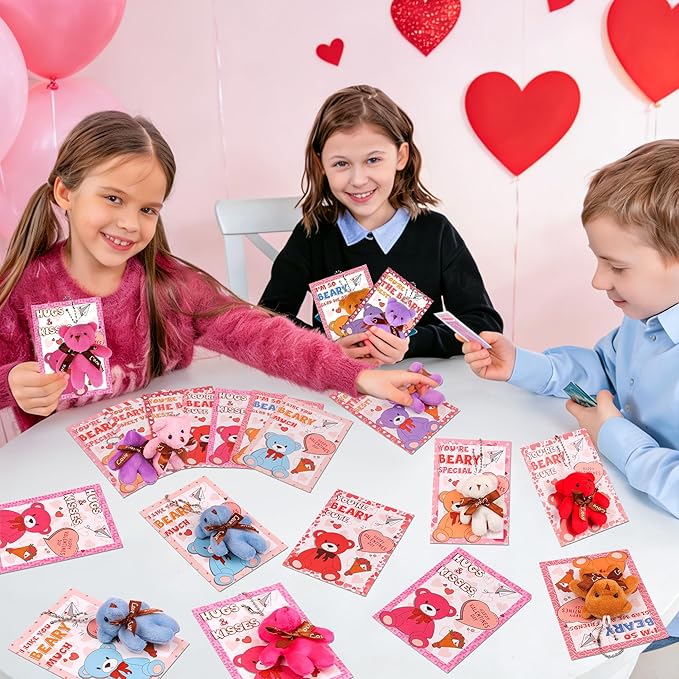 28 Pack Valentines Day Cards for Kids Classroom with Mini Bear Plush Toys Keychain Valentines Day Gifts for Kids School Valentines for Class Exchange Cards Valentines Party Favors Prizes Girls Boys