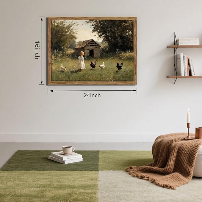Vintage Country Framed Wall Art, Little Girl and Chick Canvas Prints, Rustic Landscape Picture Painting, Pastoral Farmhouse Wall Decor for Living Room Bedroom – Dark Wooden Frame 16x24in