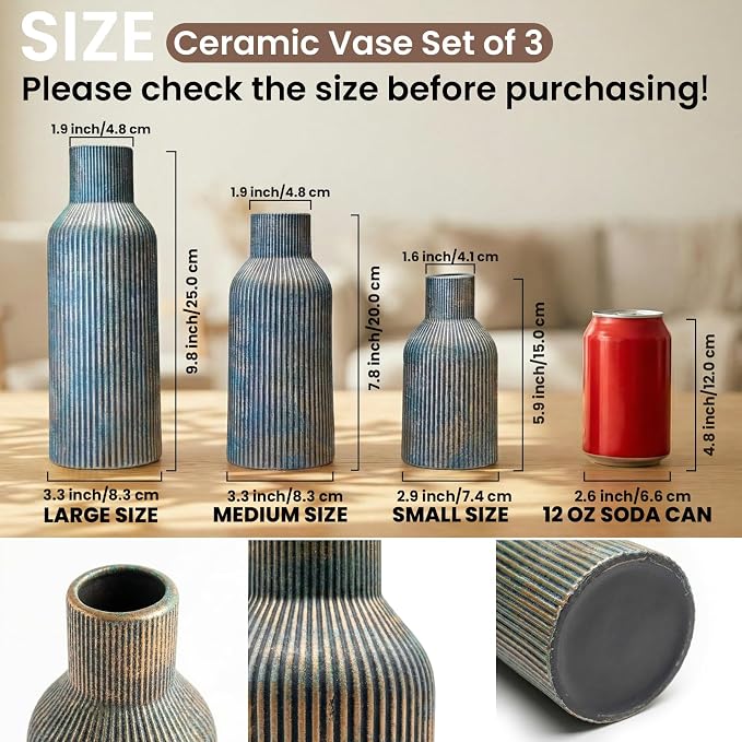 Vintage Blue Ceramic Flower Vases Set of 3, Modern Matte Vertical Ribbed, Nordic Minimalist Decor for Pampas Dried & Fresh Flowers, Centerpiece for Living Room, Shelf, Entryway, Wedding