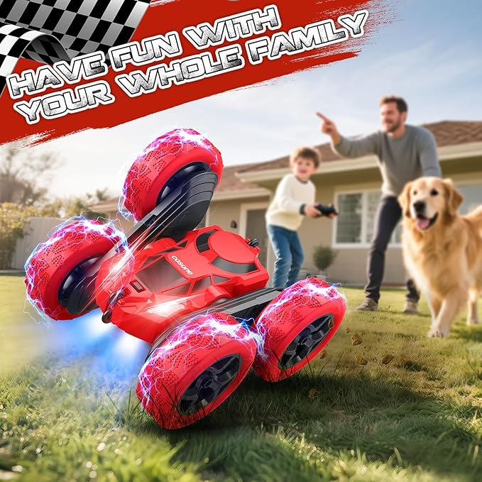 cosone Remote Control Car for Boys - Car Toy for Kids Age 6 7 8 9, 4WD 2.4Ghz Double Sided 360° Rotating RC Cars with Headlights, Christmas Birthday for Boys and Girls - Red