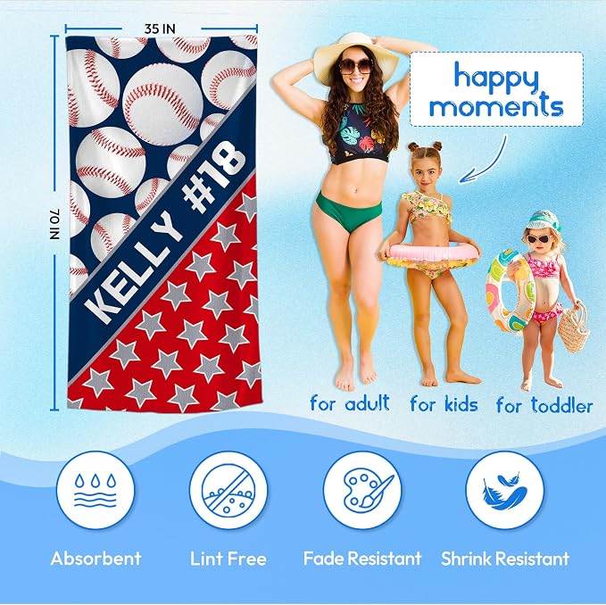 Personalized Beach Towel With Name, Custom Beach Towel with Text, Customized Microfiber Pool Towel, Quick Dry & Absorbent Swim Towel for Adult,Anniversary, Birthday, Summer Holiday,Vacation,Baseball