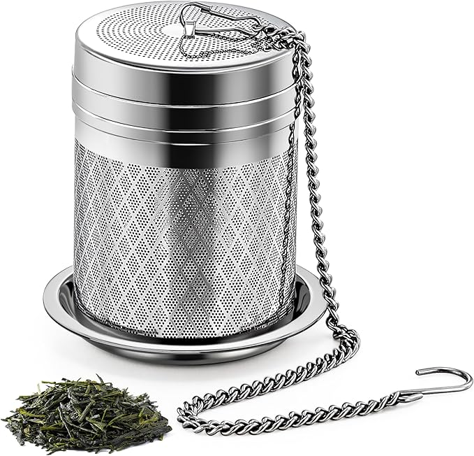 Yoassi Tea Infusers for Loose Tea, Extra Fine Mesh Tea Strainers, 18/8 Stainless Steel Loose Leaf Tea Steeper Tea Diffusers with Extended Chain Hook and Drip Tray 1 Pack