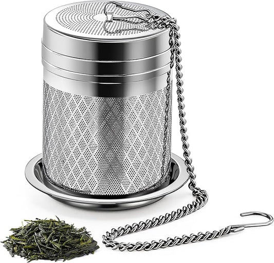 Yoassi Tea Infusers for Loose Tea, Extra Fine Mesh Tea Strainers, 18/8 Stainless Steel Loose Leaf Tea Steeper Tea Diffusers with Extended Chain Hook and Drip Tray 1 Pack