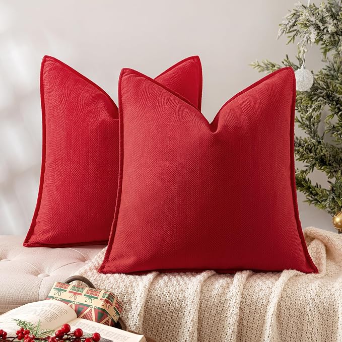 MIULEE Pack of 2 Red Decorative Chenille Pillow Covers 18x18 Inch | Soft Couch Throw Pillows,Farmhouse Cushion Covers with Elegant Design for Sofa,Bedroom,Living Room,Spring Home Decor