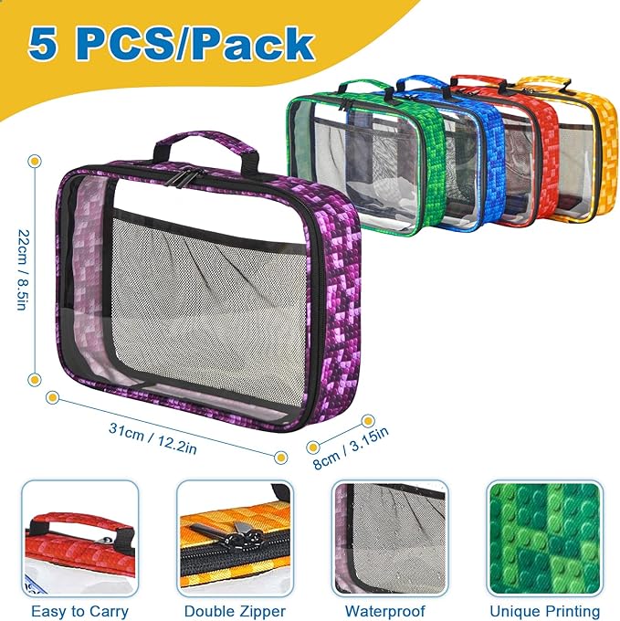 5 PCS Toys Storage Bags for kids,Travel Organizer Pouch Case for Lego Bricks, Puzzles, Building Blocks,Waterproof Colorful Print Design with Handle (Transparent)