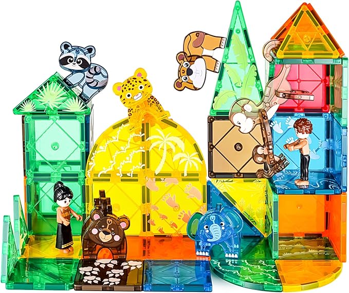 Magnetic Tiles Animals Jungle Gifts Building Sets,Toddler Toys for Kids Ages 4-8,Forest Montessori Magnet Tiles Set, Safari Zoo Animal Toys,STEM Construction Blocks for Toddlers 3-5