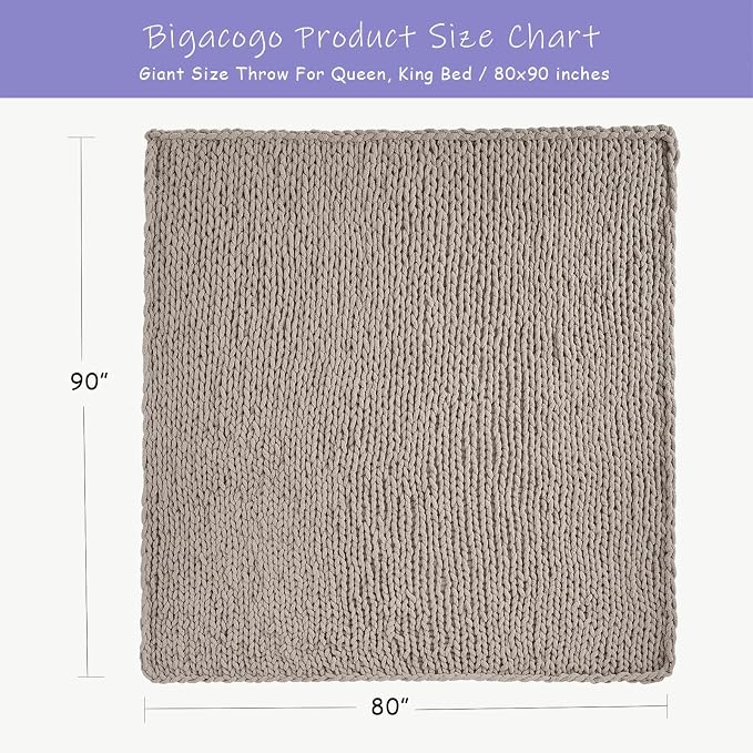 Bigacogo Chunky Knit Throw Blanket for Couch, 80x90 inches, Taupe | Hand Knit with Jumbo Chenille, Soft Breathable Cable Knit for Sofa Bed Living Room, Machine Washable, Gift for Mom Friend