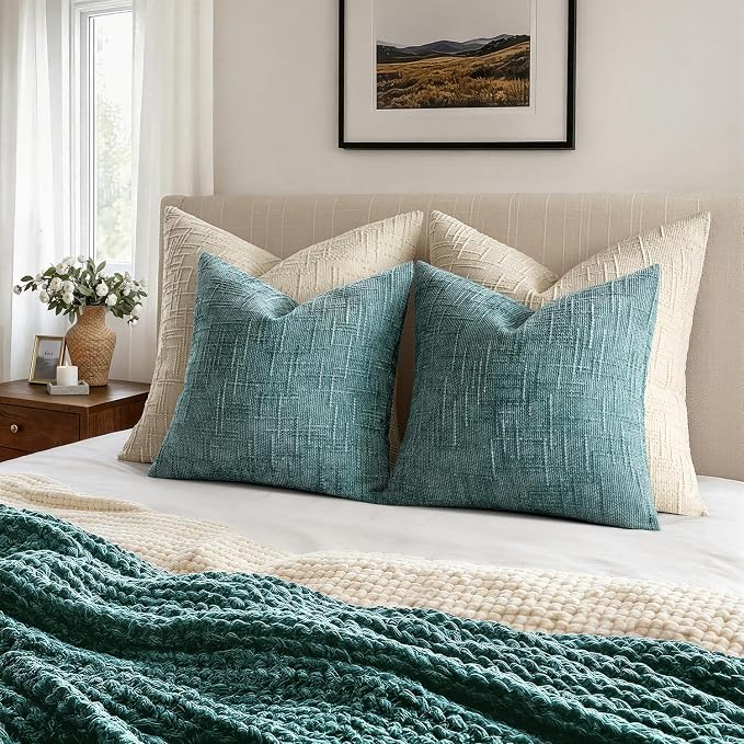 MIULEE Chenille Textured Throw Pillow Covers Teal 18x18 Set of 2 | Slubby Decorative Pillows, Boho Farmhouse Home Decor, Modern Neutral Cushion Covers for Couch Sofa Bed Living Room