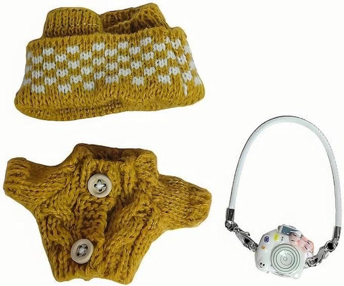 Clothes for Doll, 3 Piece 17cm Doll Clothes, Stylish Hat & Overalls & Small Camera Outfit Set, Suitable for Dolls Accessories (NO Doll) (Yellow)