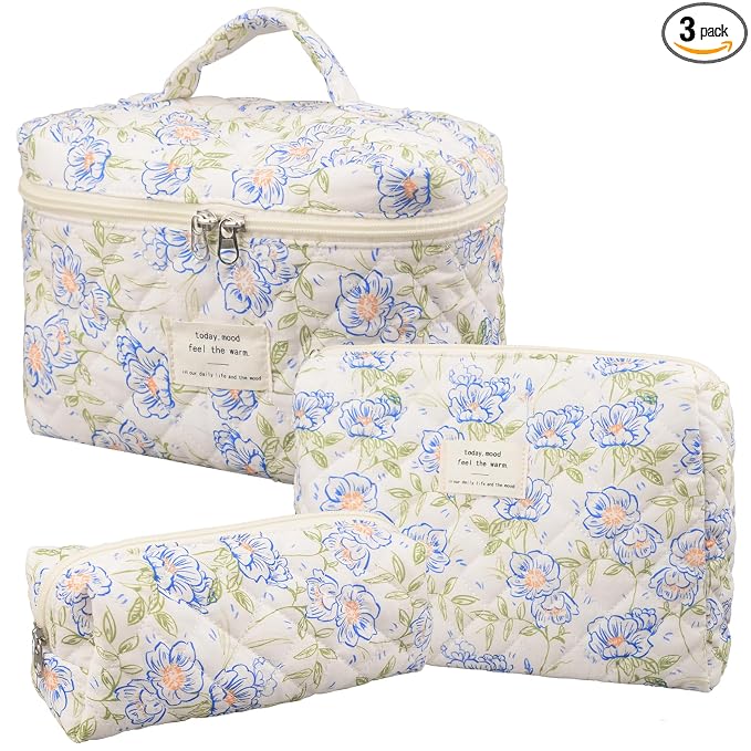 honitty Makeup Bag,Quilted Cosmetic Bags,Large Floral Make Up Organize bag,Makeup Bag Set for Women,Flower Travel Toiletry Bag