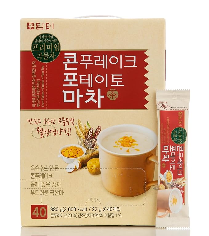 Damtuh Yam (Ma) Tea Powder Drink Mix with Corn Flakes & Potato Flakes – Korean Cereal-Style Instant Hot Drink, Creamy & Smooth, 22g x 40 Stick Packs
