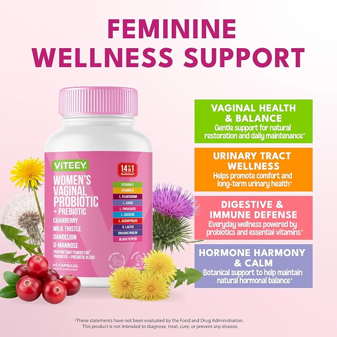 Viteey Vaginal Probiotic for Women - 14in1 FemDefend | Women’s Probiotic + Prebiotic with Cranberry & D Mannose – Vaginal Health & Urinary Tract Support Supplement – 60 Capsules
