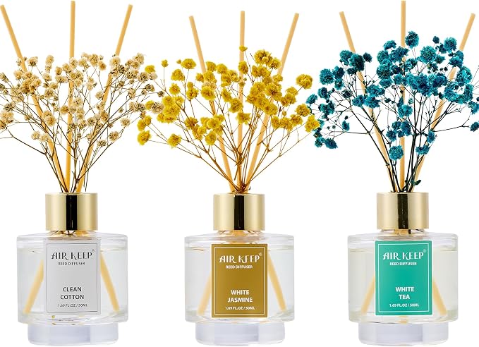 Airkeep Reed Diffuser Set of 3,Clean Cotton White Jasmine White Tea Oil Reed Diffusers for Bedroom Living Room Office Aromatherapy Oil Reed Diffuser for Gift 50ml x 3