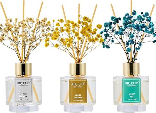Airkeep Reed Diffuser Set of 3,Clean Cotton White Jasmine White Tea Oil Reed Diffusers for Bedroom Living Room Office Aromatherapy Oil Reed Diffuser for Gift 50ml x 3