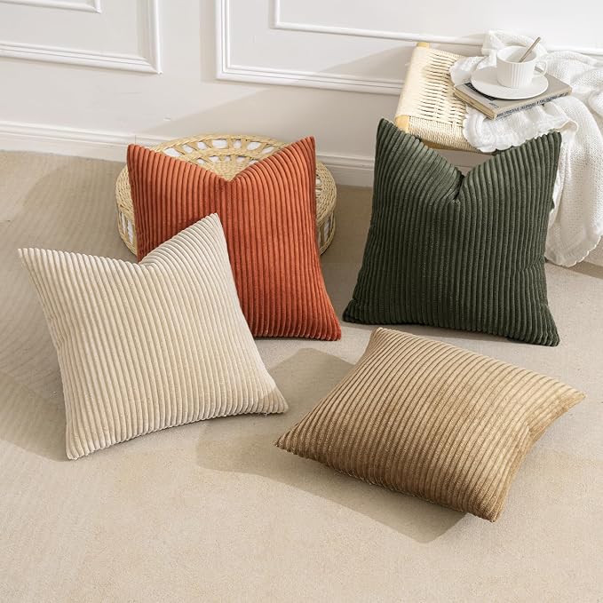 MIULEE Fall Corduroy Decorative Throw Pillow Covers Rust-Olive Green 18x18 | Set of 4, Vintage Fall Decor, Rustic Brown Green Collection, Boho Farmhouse Cushion Covers for Couch Bed Sofa Living Room