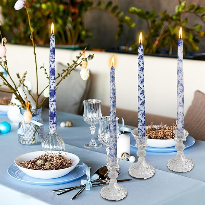 10 inche Floral Candle Sticks Printed Candlestick 4 Pack Blue and White Porcelain Unscented Taper Candle Long Blue Flower Tapered Candles for Home Dinner Wedding Holiday