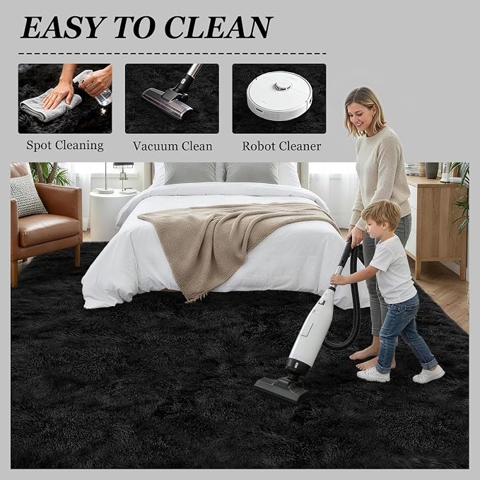 8x10 Area Rugs for Living Room Bedroom: Ultra Soft Fluffy Shag Rug Upgrade Non-Slip Non-Shedding Large Fuzzy Plush Carpet Indoor Floor Carpets for Kids Room Playroom Nursery Dorms Home Decor Black