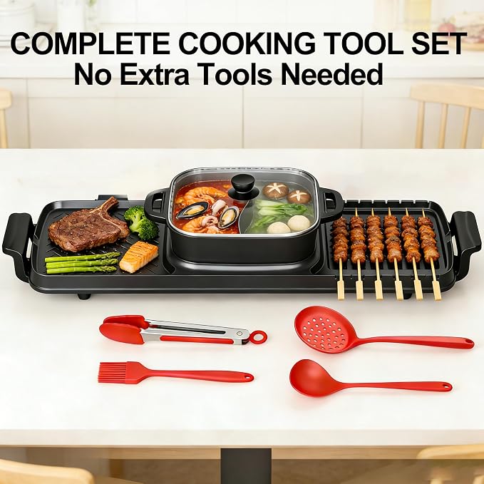 Electric Hot Pot and Grill Combo, Korean BBQ Indoor Smokeless Grill with Nonstick Surface,Large Tabletop Cooker for Family & Party, Includes Cooking Tool Set (Ladle, Strainer, Tongs, Oil Brush)