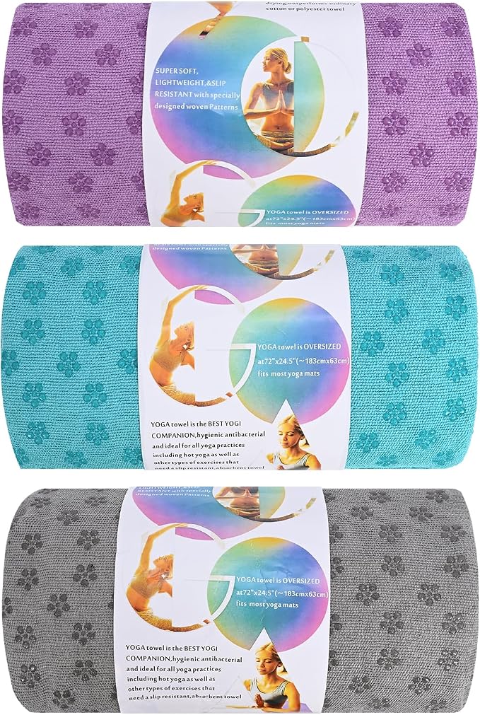 3 Pack Hot Yoga Towels with Plum Blossom Grip Dots, Non Slip Yoga Mat Towel, Super Absorbent Soft Suede Microfiber Mat Cover for Hot Yoga, Pilates, Bikram & Workout, 24" x 72", 1Lavender,1 Grey&1 Blue