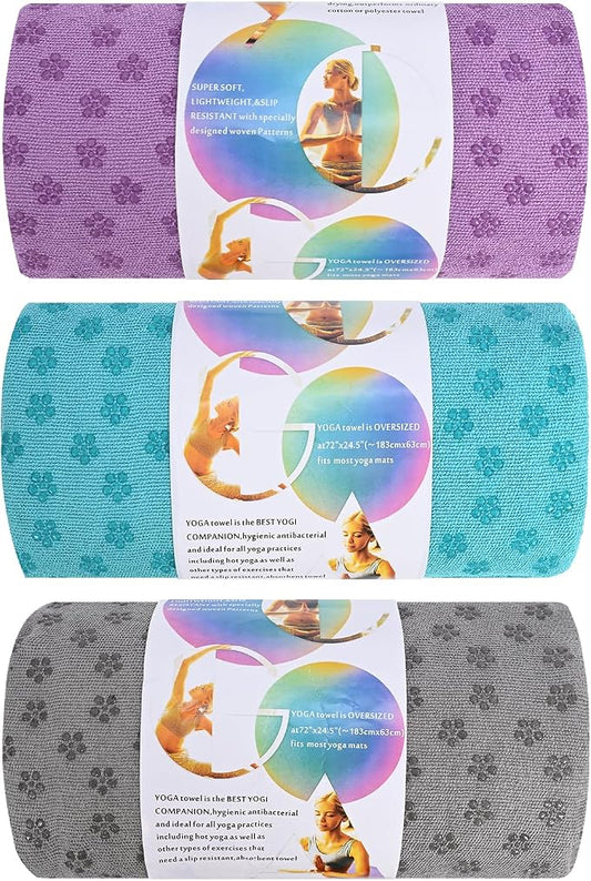 3 Pack Hot Yoga Towels with Plum Blossom Grip Dots, Non Slip Yoga Mat Towel, Super Absorbent Soft Suede Microfiber Mat Cover for Hot Yoga, Pilates, Bikram & Workout, 24" x 72", 1Lavender,1 Grey&1 Blue