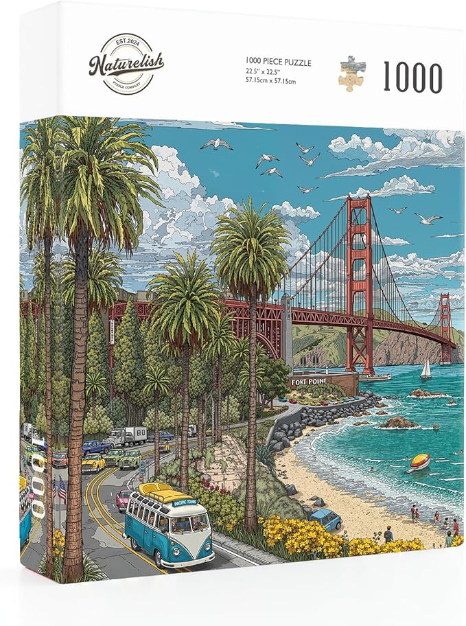 1000 Piece Jigsaw Puzzle for Adults, Cityscape Jigsaw Puzzle, Vibrant California Coastline with Golden Gate Bridge, Palm Trees & Tour Bus, Challenging Art Puzzle, 22.5 x 22.5 in