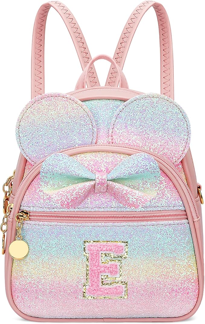 KKXIU Initial Bowknot Mini Backpacks for Girls Women, Small Cute Backpack Purse, Personalized Valentines Day Gifts for Toddler, Kids and Teen Girls(E, Rainbow)