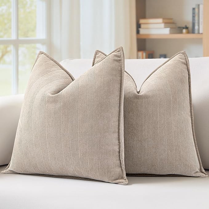 MIULEE Pack of 2 Beige Euro Shams Chenille Pillow Covers 24x24 Inch | Decorative Soft Couch Throw Pillows,Farmhouse Cushion Covers,Elegant Design for Sofa,Bed,Living Room,Summer Decor