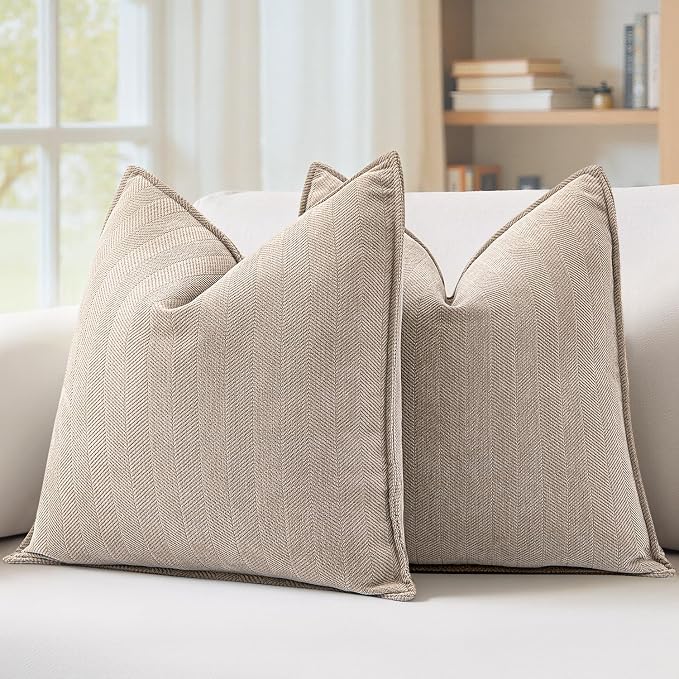 MIULEE Pack of 2 Beige Decorative Chenille Pillow Covers 18x18 Inch | Soft Couch Throw Pillows,Farmhouse Cushion Covers with Elegant Design for Sofa,Bedroom,Living Room,Spring Home Decor